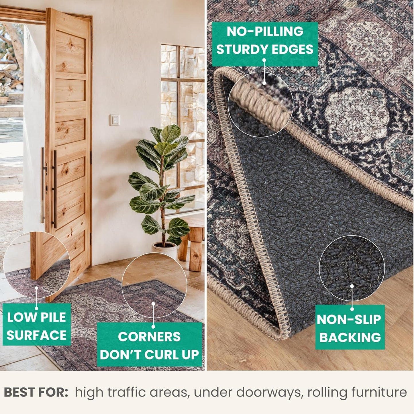 Bloom Rugs Washable Non-Slip 4' x 6' Rug - Cream/Green Traditional Medallion Area Rug for Living Room, Bedroom, Dining Room, and Kitchen - Exact Size: 4' x 6'