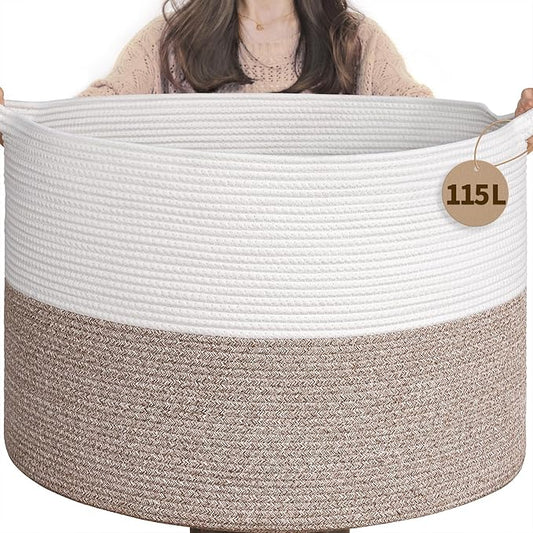 INDRESSME 115L Extra Large Blanket Basket, Soft Cotton Rope Storage Basket by INDRESSME