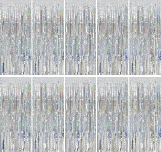 Tinsel Curtain Party Backdrop Silver Birthday Decorations 10 Packs Glitter Foil Fringe Curtain Party Decor Streamers Photo Booth for Birthday Christmas Wedding Halloween Graduation Decorations