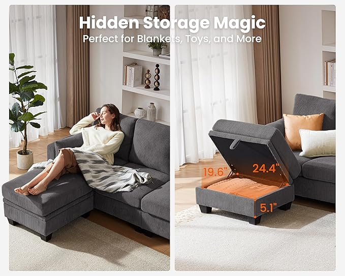 CHIC HOUSE Middle Module for Modular Couch, Corduroy Customizable Chaise - Image 5