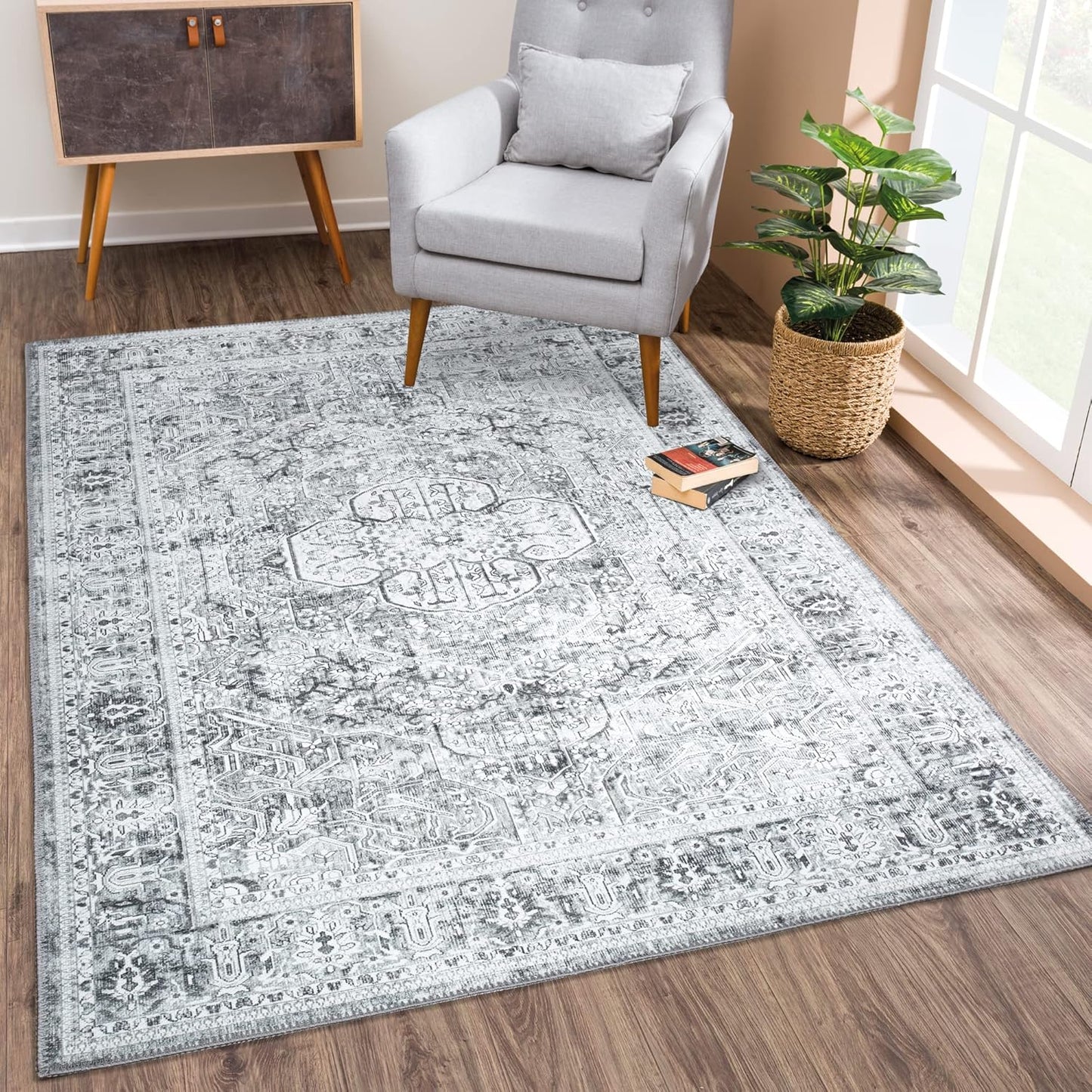 Bloom Rugs Washable Non-Slip 4' x 6' Rug - Gray/Charcoal Traditional Medallion Area Rug for Living Room, Bedroom, Dining Room, and Kitchen - Exact Size: 4' x 6'