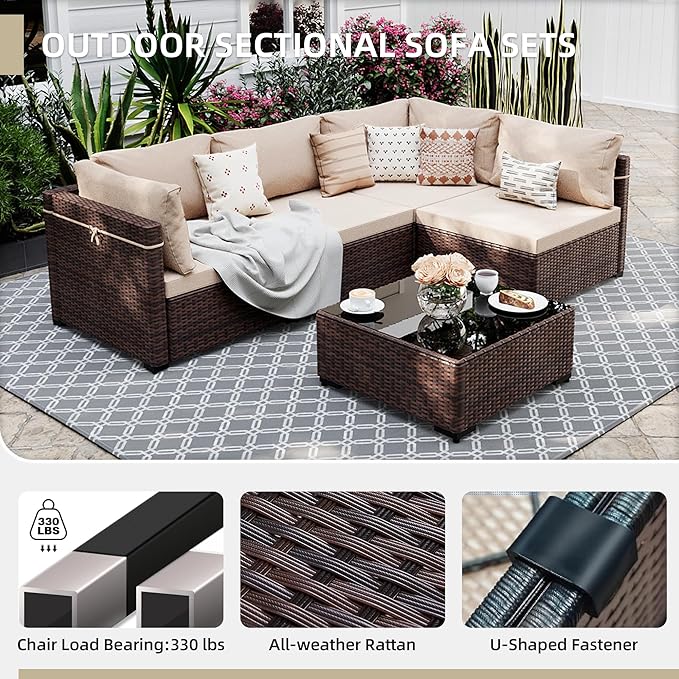 UPHA 5 Pieces Patio Furniture Sets, Wicker Outdoor Sectional Sofa Couch - Image 3