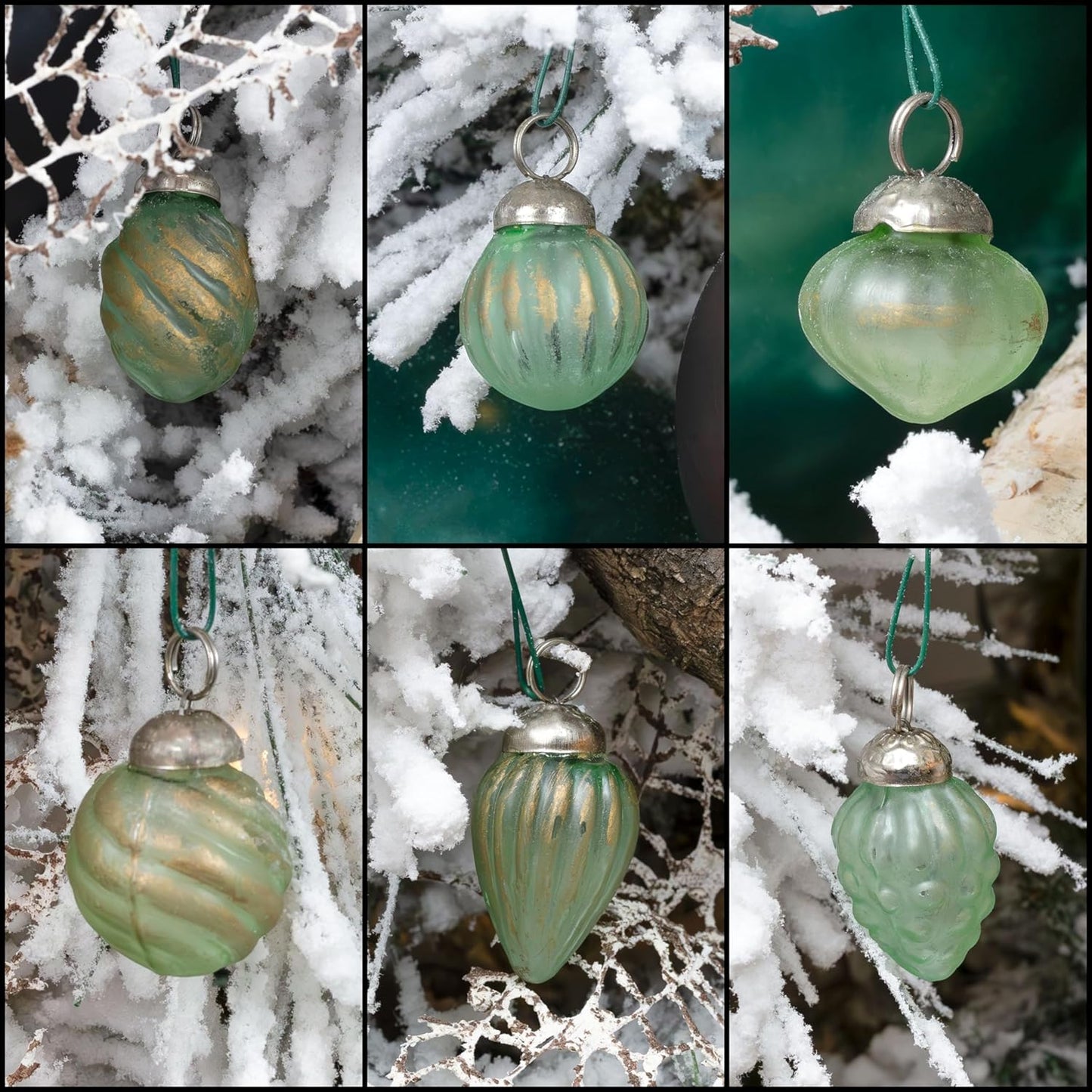 AuldHome Mercury Glass Finial Ornaments (Set of 12, Soda Glass, Small); Distressed Metal Antique Style Christmas Tree Decorations; 1.3 to 2-Inch Size