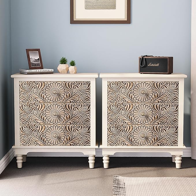 HOMPUS Nightstands Set of 2, Night Stand w Flower Pattern, Bedside Table Set of - Image 9