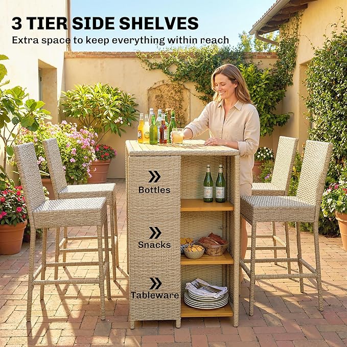 Outsunny 5 Piece Outdoor Bar Set, Wicker Outdoor High Top Table and Chairs - Image 3