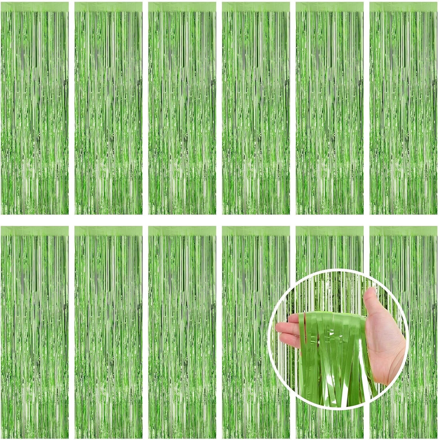 Light Green Fringe Curtain Party Streamers, 12 Pack 3.3ft x 8.2 ft Foil Curtain Backdrop Tinsel Foil Fringe Curtains Photo Booth Backdrop Streamer for Birthday, Wedding, Baby Shower, Disco Party