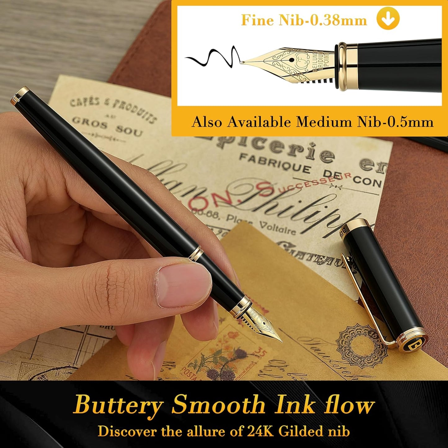 BEILUNER Black Fountain Pen,Stunning Luxury Pens with 24K Gold Accents, Gorgeous 24K Gilded Nib(Fine), Trustworthy Pen Gift for Men&Women -Ink Converter-Elegant, Reliable,Fancy Pen for Writing