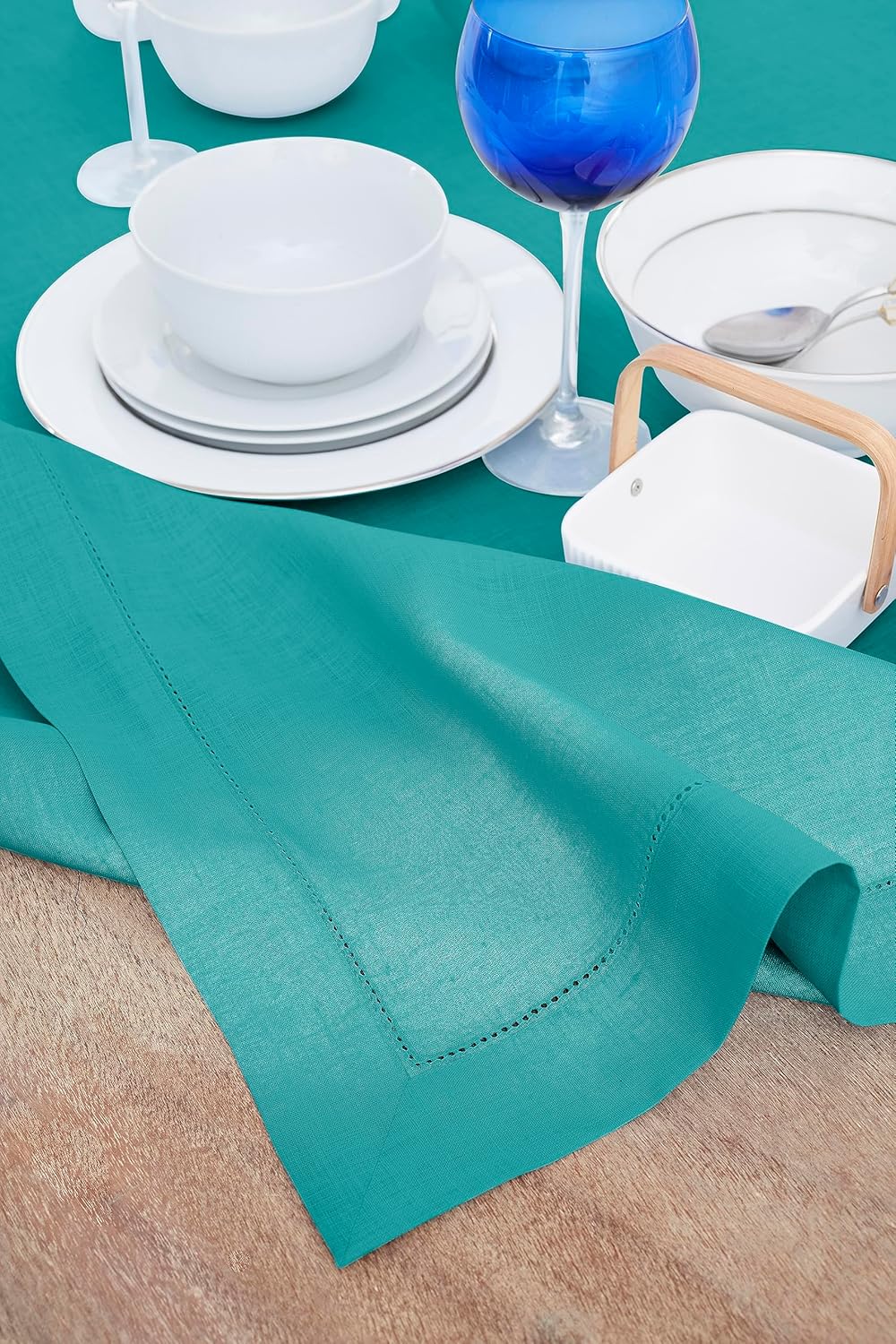 Solino Home Linen Teal Tablecloth 60 x 120 Inch - Classic Hemstitch, 100% Pure Linen Rectangular Tablecloth - Machine Washable Table Cloth for Fall, Autumn, Thanksgiving, Christmas
