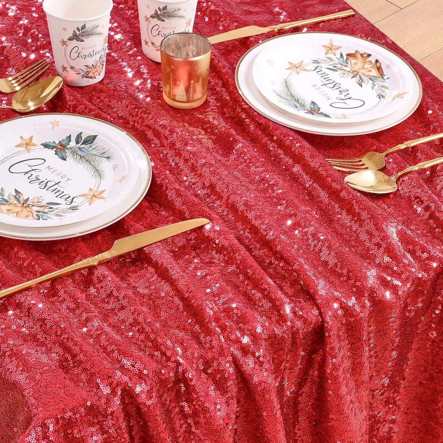 QueenDream Red Sequin Decorative Party Tablecloth: Large Shimmer Dessert Table Overlay 90x90 Inch Dinner Table Drapes Cocktail Xmas Decor