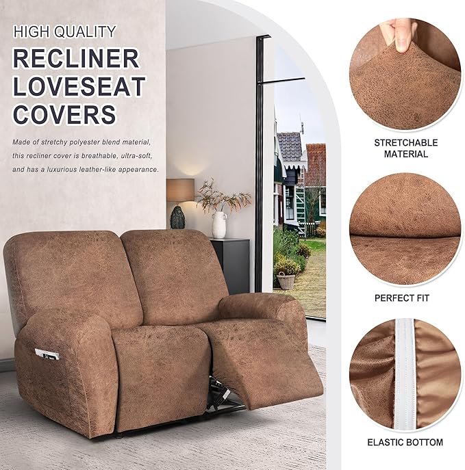 ANARACHON Leather Look Loveseat Recliner Cover, 6-Pieces Stretch Dual Recliner - Image 5