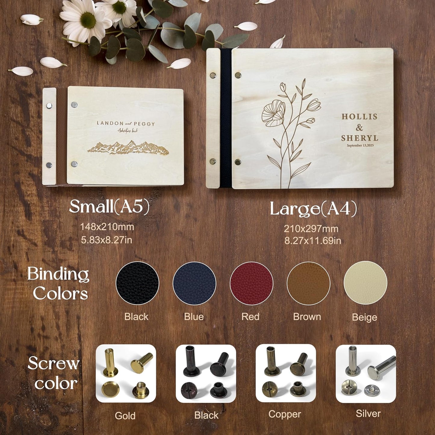 NBE Personalized Wooden Guest Book - Custom Wedding Sign-In Book with Burgundy Spine - Rustic Photo Album for Messages & Polaroids - Couples Keepsake Memory Gift (8.5x11.5 Inches)