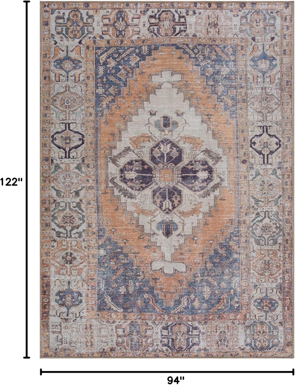 Bloom Rugs Washable 8' x 10' Rug - Orange/Blue/Beige Traditional Area Rug for Living Room, Bedroom, Dining Room, and Kitchen - Exact Size: 8' x 10'