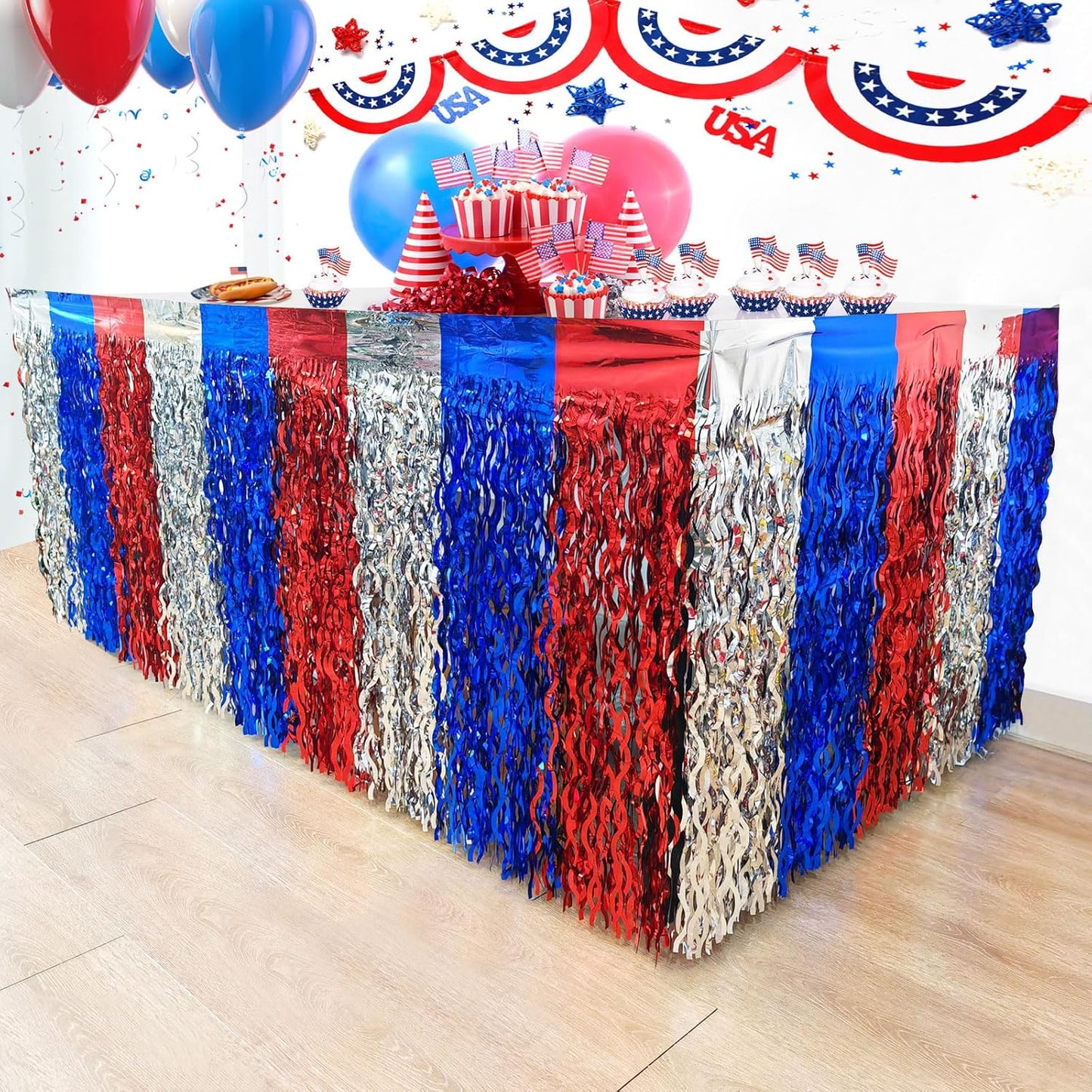 CCINEE 4 Pack 4th Of July Foil Fringe Table Skirt, 36ft Wavy Metallic Tinsel Red White And Blue Patriotic Decorations for Independence Memorial Veterans Day Labor Day Table Skirts Decoration