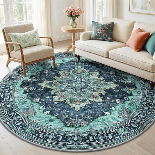 RELEANY Area Rugs Round 6ft Washable Non-Slip, Floral Vintage Distress Print by RELEANY