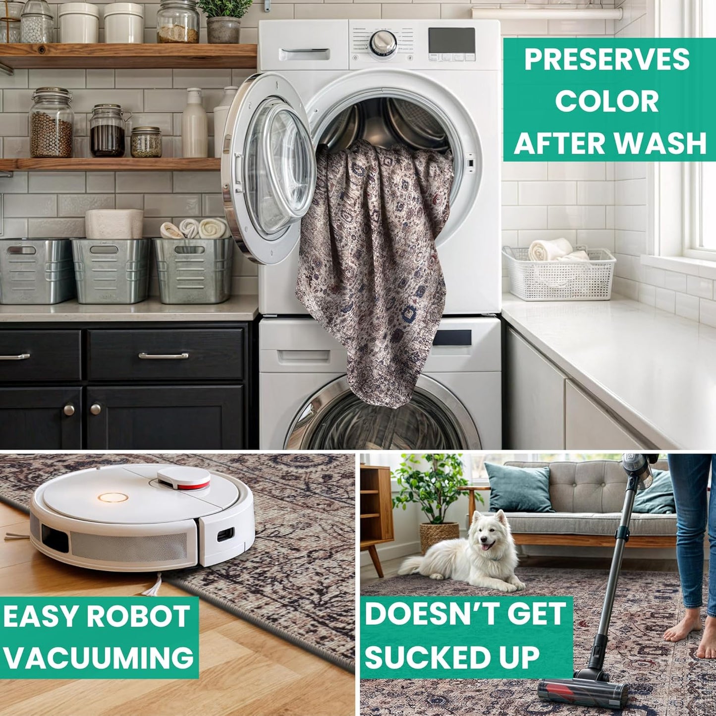 Bloom Rugs Washable Non-Slip 3' x 5' Rug - Light Tan/Blue Traditional Oriental Area Rug for Living Room, Bedroom, Dining Room, and Kitchen - Exact Size: 3' x 5'