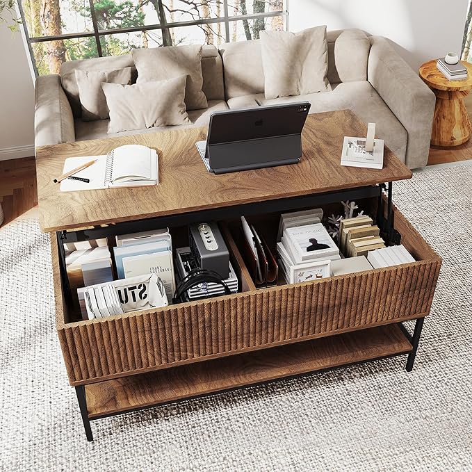 Walnut Coffee Table with Storage, Rectangle Lift Top Coffee Table, Modern Wood - Image 7