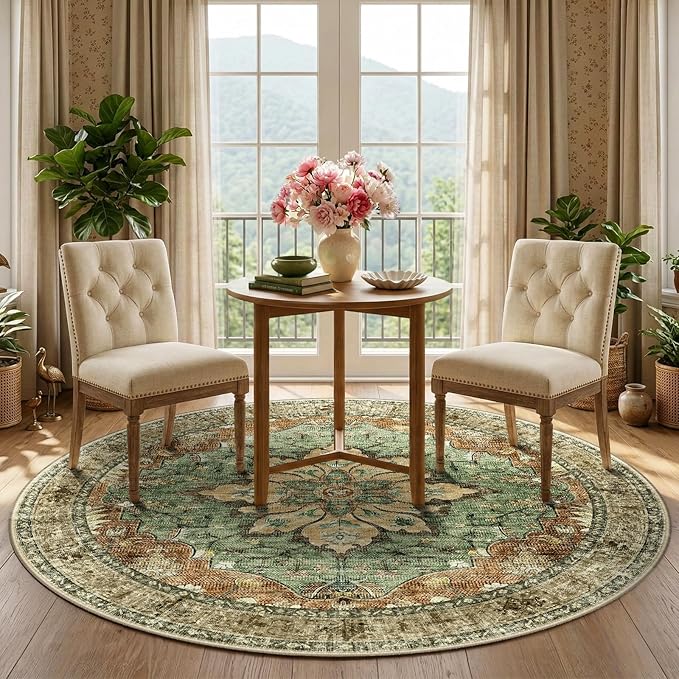 RELEANY Area Rugs Round 5ft Washable Non-Slip, Floral Vintage Distress Print - Image 2