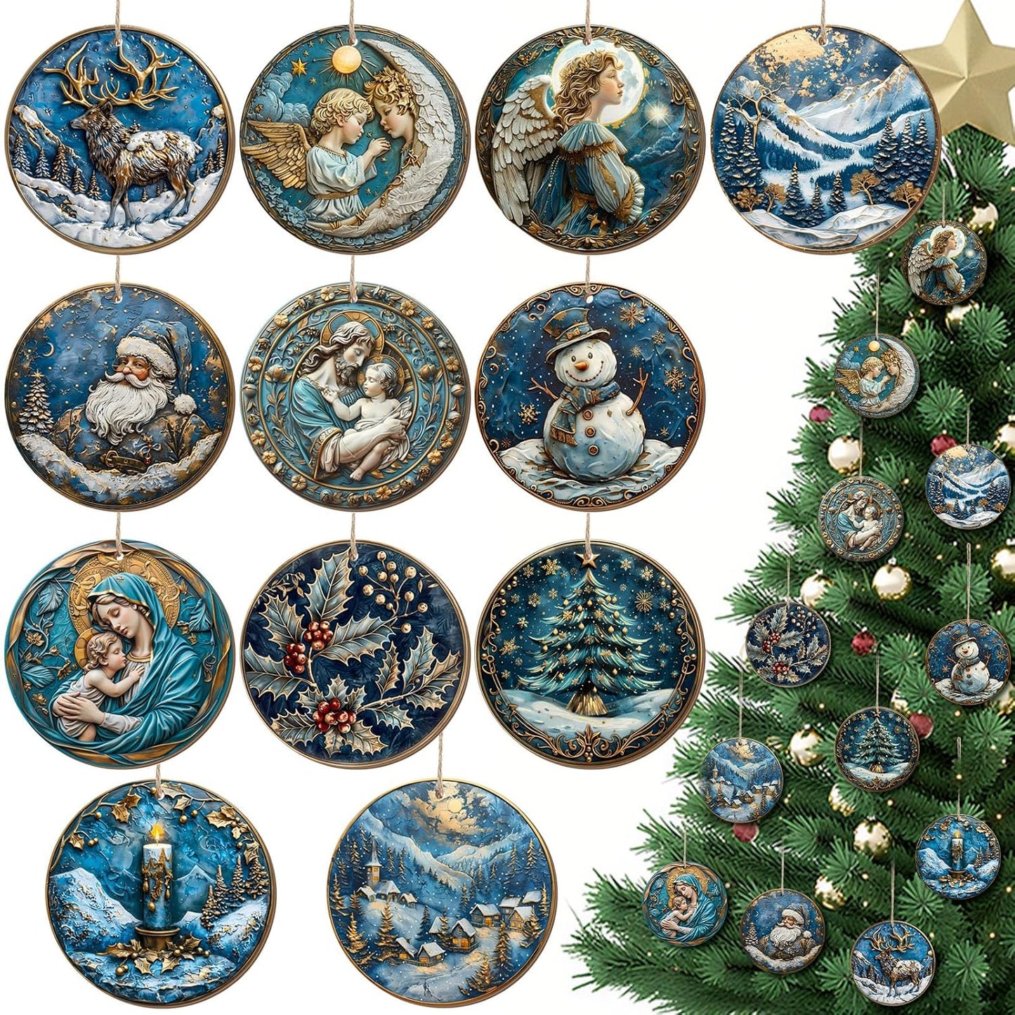 Suzile 36 Pcs Christmas Wooden Ornaments Navy Blue Christmas Tree Decoration Retro Round Nativity Scene Snowman Ornaments Vintage Xmas Hanging Decoration for Farmhouse Home Wreaths Winter Party