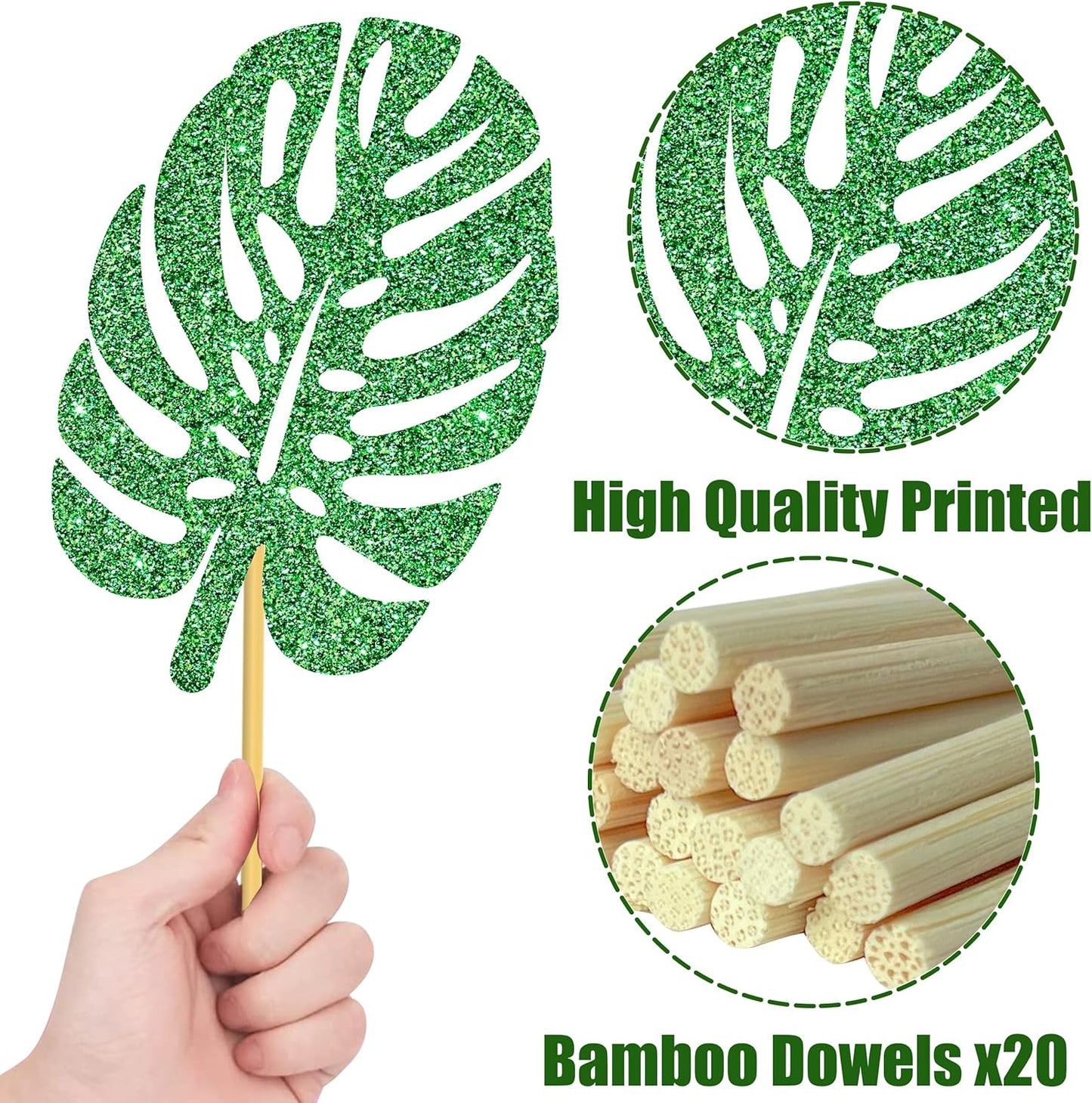 20pcs Glitter Tropical Leaves Centerpiece Decorations for Table Green Palm Leaf Theme Centerpiece Sticks Hawaiian Luau Birthday Decorations for Summer Jungle Theme Birthday Party Baby Shower Supplies