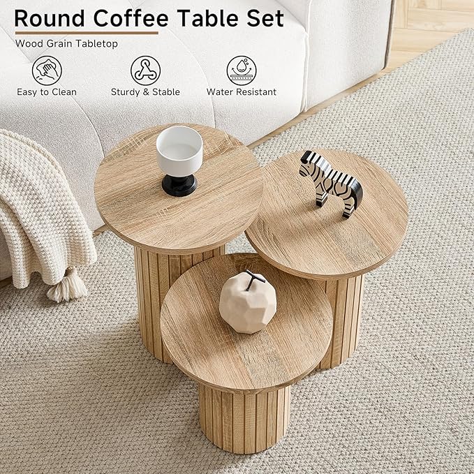 Round Nesting Coffee Table Set of 3 Mid Century Modern Wood Round Coffee Tables - Image 3