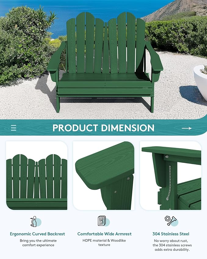 SERWALL Folding Adirondack Bench, HDPE All-Weather Adirondack Loveseat Set of 2 - Image 6