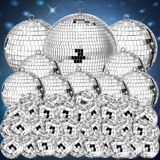 Funtery 100 Pcs Mirror Disco Balls Bulk Assorted Silver Hanging Disco Ball Decor for Home Wedding Birthday Dance Music 70 S Theme Party Christmas Tree Ornaments(0.8'',1.6'',2.4'',3.2'',4'',8'')