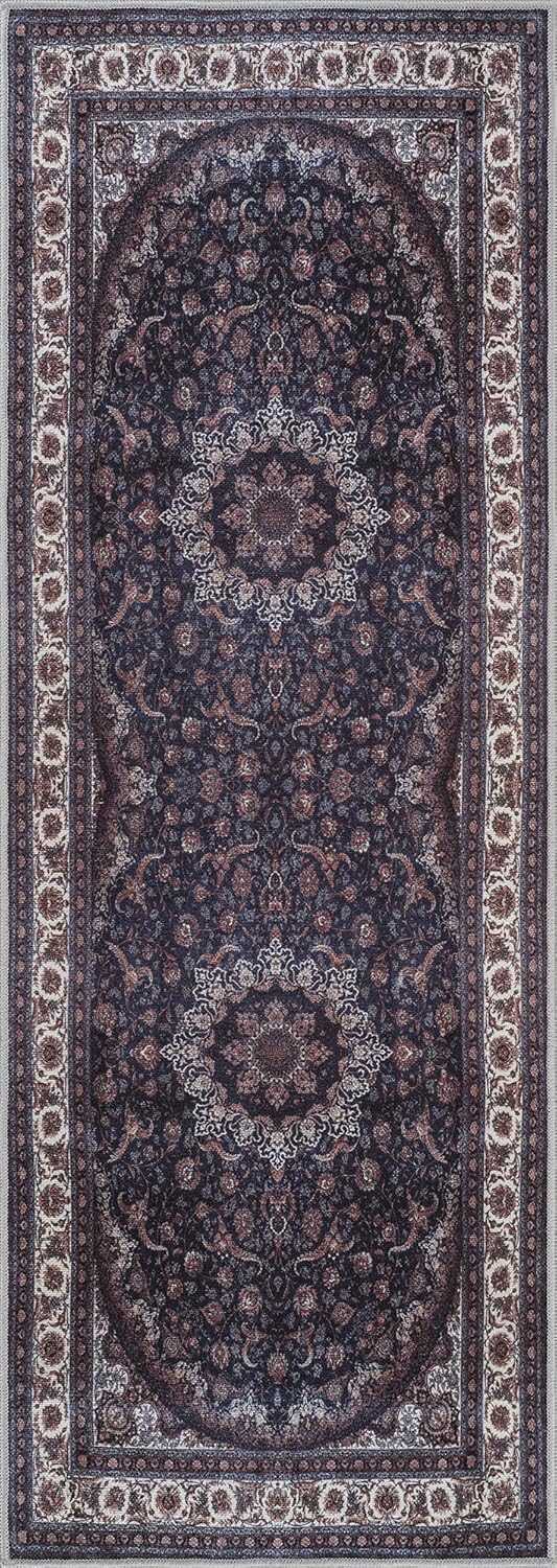 Bloom Rugs Washable Non-Slip 12 ft Runner - Navy Traditional Medallion Runner for Entryway, Hallway, Bathroom, and Kitchen - Exact Size: 2.5' x 12'