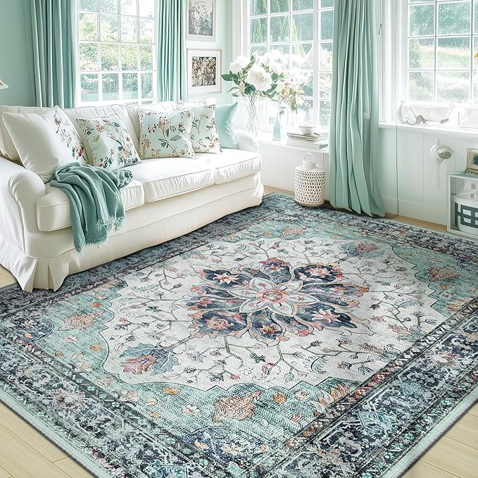 RELEANY Area Rugs 5'x7' Washable Non-Slip, Floral Vintage Distress Print by RELEANY