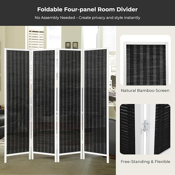 Roundhill Furniture Inkwell 4-Panel Bamboo Room Divider, Folding Portable - Image 4