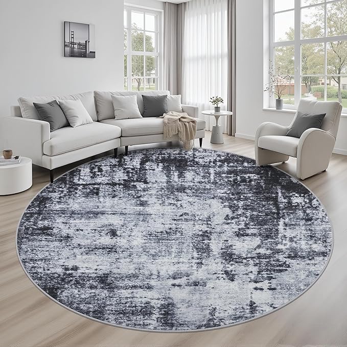 Round Area Rug for Living Room: 8 ft Washable Modern Abstract Soft Thin Rug by FXRHLP