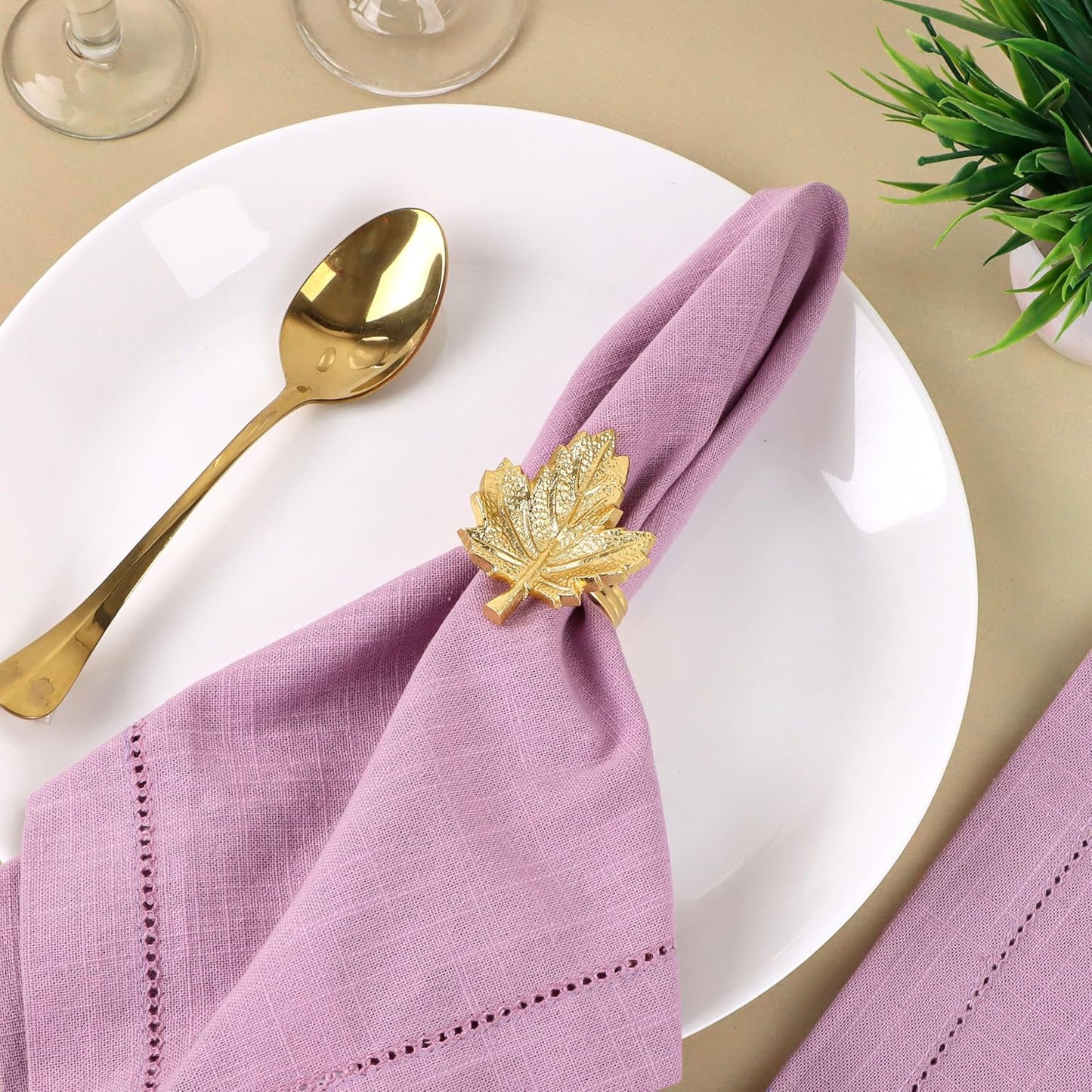 Set of 12 Maple Leaf Napkin Rings - Handcrafted Aluminum Napkin Holders for Cloth & Paper Napkins, Elegant Table Décor for Weddings, Thanksgiving, Christmas & Holiday Parties (Gold) - CLEENTABLE