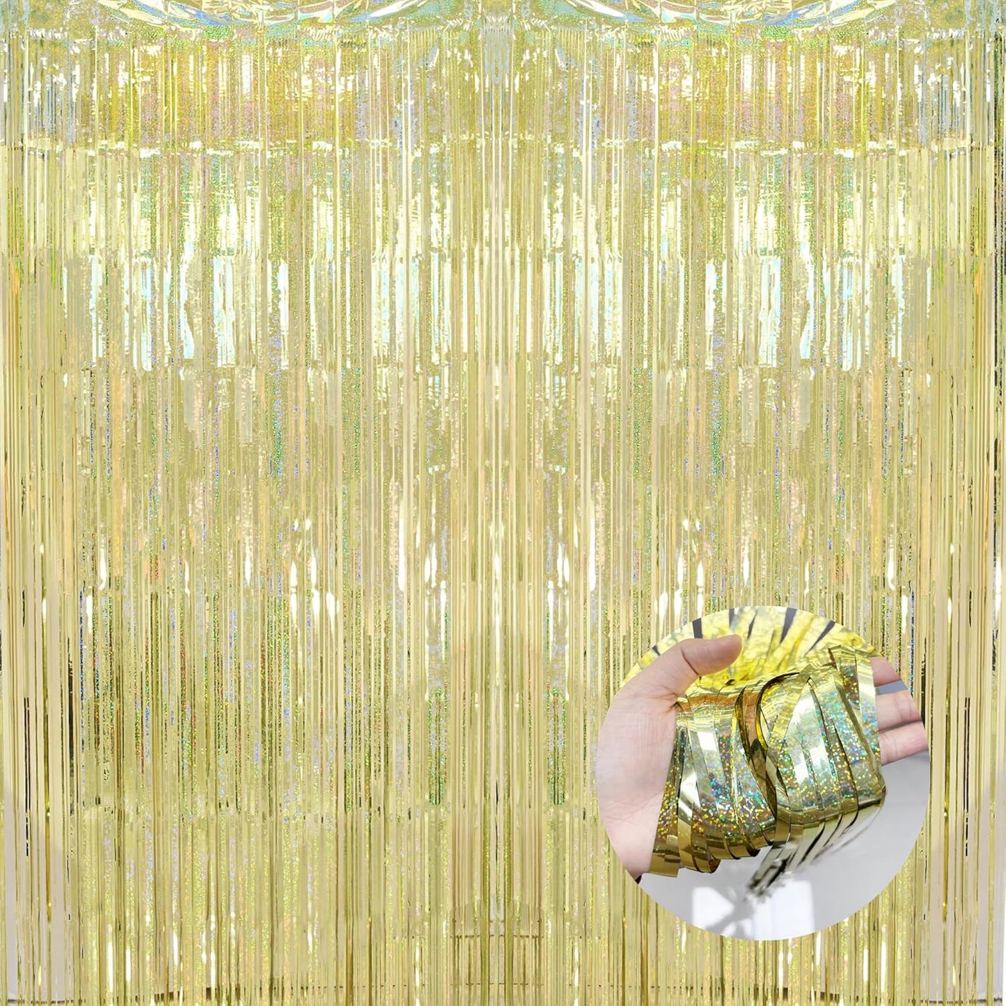 BRAVESHINE Gold Tinsel Streamers Party Backdrop - 2 Pack 3.2x8.2ft Metallic Foil Fringe Curtain for Christmas/New Years/Prom/Birthdays/Engagement/Anniversary/Hawaiian/Luau Party Decorations
