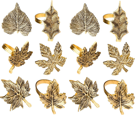 Rustic Napkin Rings Set of 12 - Elegant Leaf Napkin Holders for Dining Table, Wedding, Party, Holiday & Everyday Use - Handmade Decorative Table Accessories (Antique Gold) - ALPHA Living HOME