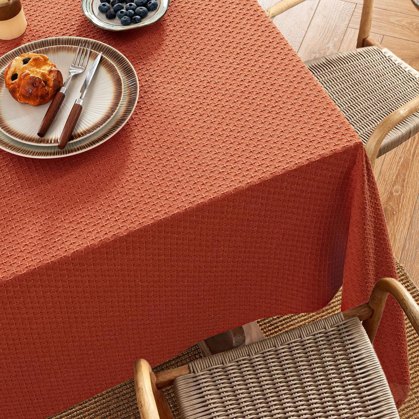 MIULEE Fall Tablecloth Burnt Orange Linen Cottton Table Cloth Rectangle Waterproof Spillproof Cross-Star Textured Decorative Farmhouse Style for Dining Party Weddings 52x70 Inch