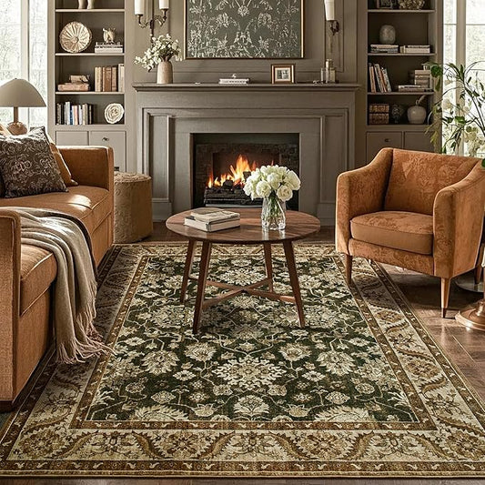 Area Rug for Living Room, 8x10 Area Rugs Washable, Retro Floral Non-Slip Carpet by Rtizon