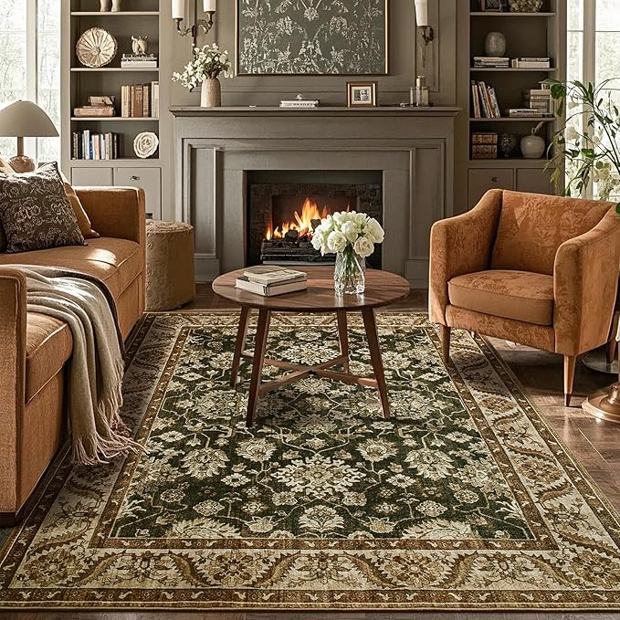 Area Rugs for Living Room, 6x9 Washable Area Rug for Bedroom, Retro Floral by Rtizon