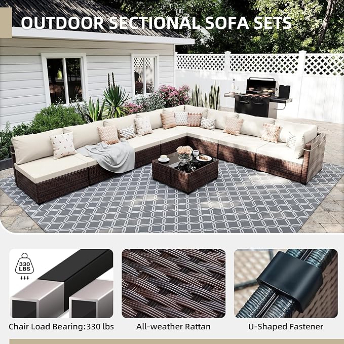 UPHA 9 Pieces Patio Furniture Sets, Wicker Outdoor Sectional Sofa Couch - Image 3