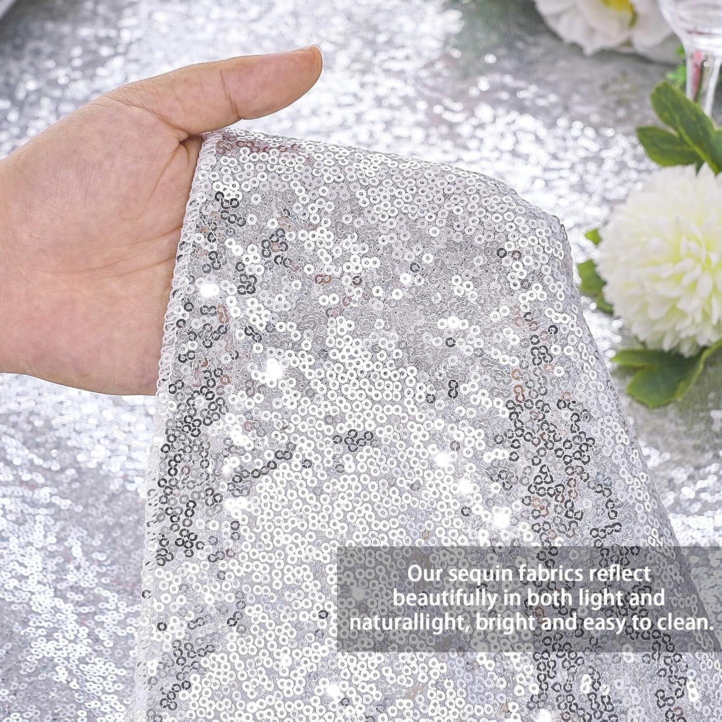 QueenDream Tablecloth 90x156 Rectangle Sequin Tablecloth Silver Wedding Table Linens Glitter Birthday Bridal Party Indoor Outdoor Decorations