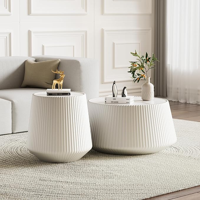 Modern Marble Nesting Coffee Table Set of 2, 26.77" Cup Shaped Coffee and End by Henf