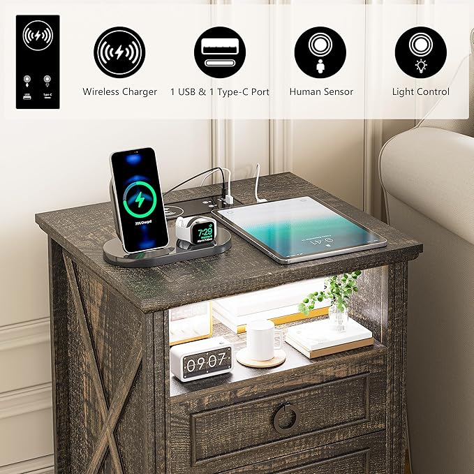 Nightstand with Charging Station, Farmhouse End Side Table with 3 Drawers and - Image 5