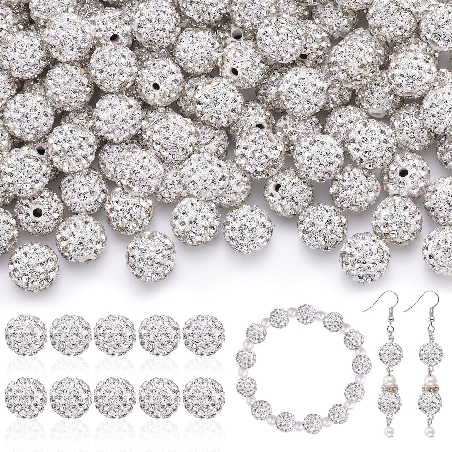 105pcs 10mm Rhinestone Beads for Jewelry Making, White Shiny Round Disco Ball Beads Bulk, Sparkle Crystal Clay Christmas Bead for Bracelet Baseball Necklace Earring Crafting and DIY