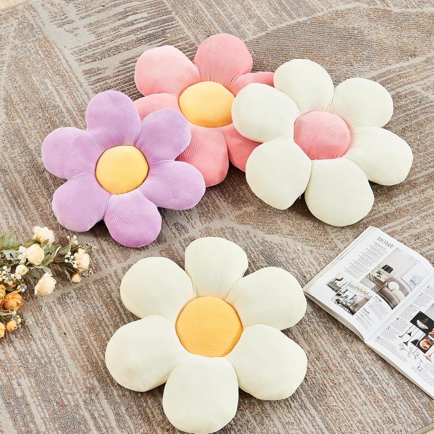 Purple Flower Pillow, 19.6" Cute Flower Shaped Floor Pillow, Aesthetic Floral Plush Daisy Decorative Throw Pillows for Bed Sofa Couch