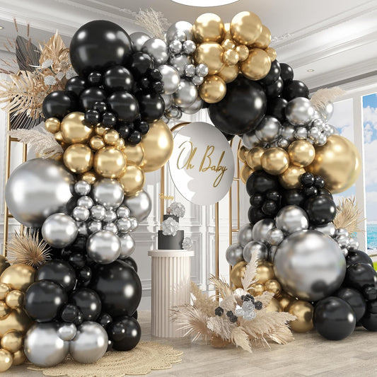 412Pcs Black Gold Silver Balloons Garland Arch Kit,18 12 10 5 Inch Different Size Latex Balloons for Graduation Birthday Wedding Party Decorations