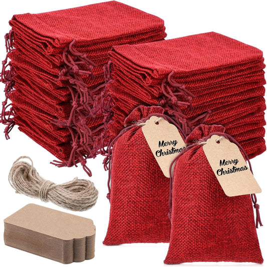 Woanger 100 Pcs Burlap Gift Bags with 100 Pcs Kraft Paper Gift Tags Drawstring Favor Bulk Burlap Sack Bags for DIY Wedding Party Craft (3 x 4 Inch,Burgundy)