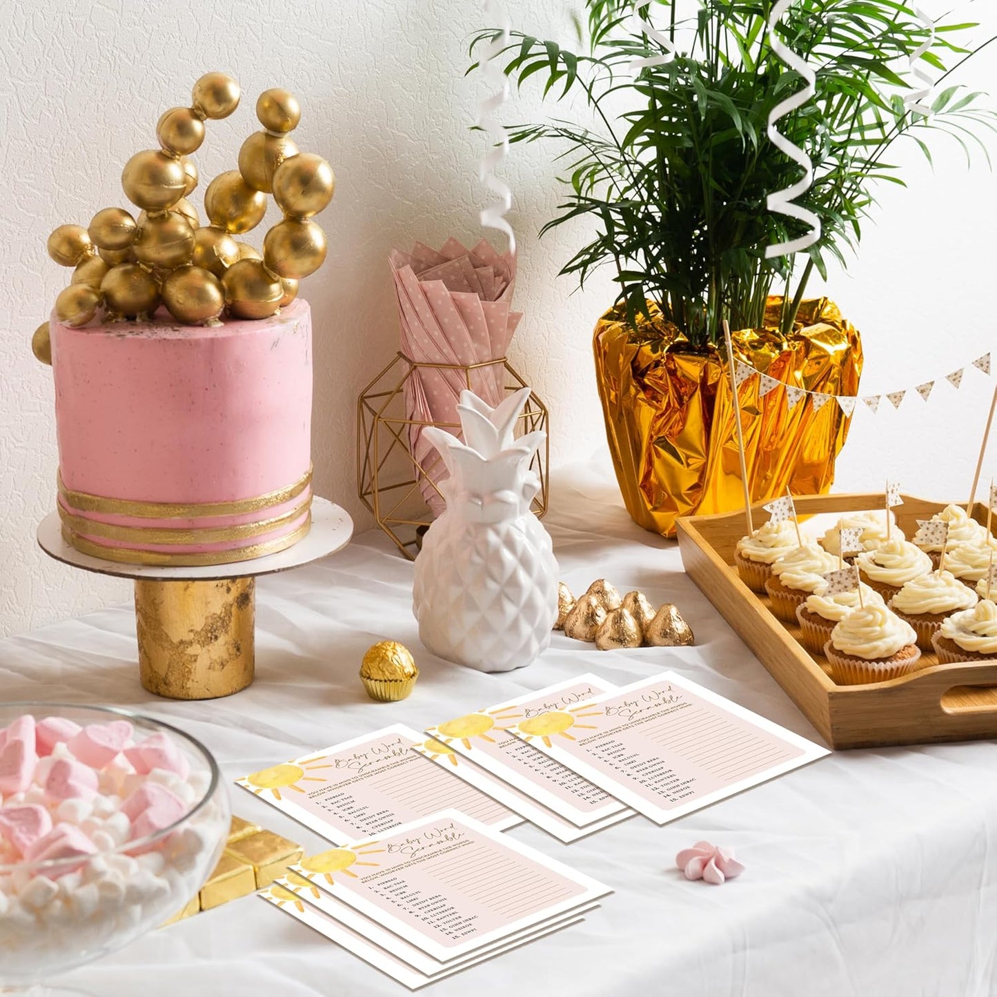 Boho Sunshine 30 Baby Word Scramble Game Cards with 1 Answer Card, Gender Reveal Party Supplies Favors (5"x7") - D01