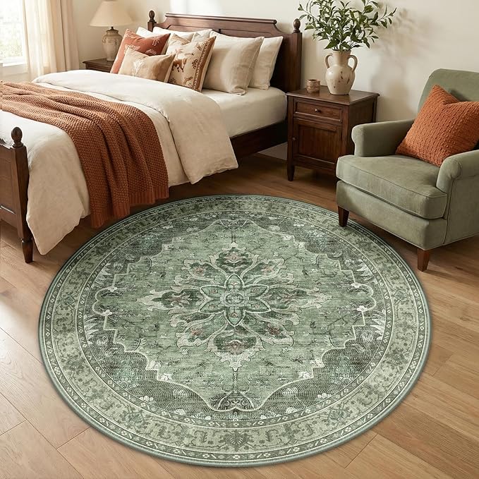 RELEANY Area Rugs Round 5ft Washable Non-Slip, Floral Vintage Distress Print by RELEANY