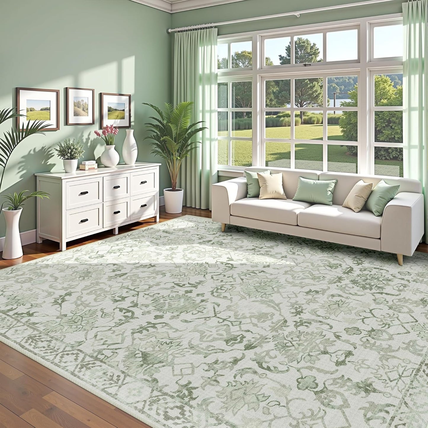 Sage Extra Large Area Rug 10x14 for Living Room, Distressed Washable Rug for Dining Room Bedroom, Anti-Slip Low-Pile and Soft Accent Rug Farmhouse Office Home Decor Light Green