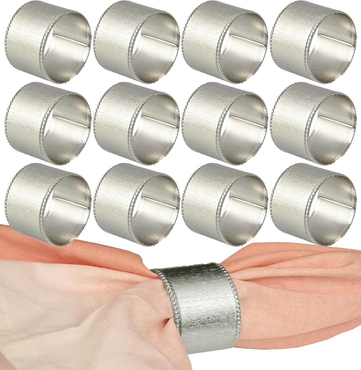 12 Pack Decorative Napkin Ring - Heavy Duty Metal Round Napkin Holders, Silver Electroplated Finish with Beaded Edge, Vintage Rustic Metal Napkin Rings for Dining, Weddings,Holidays - CLEENTABLE