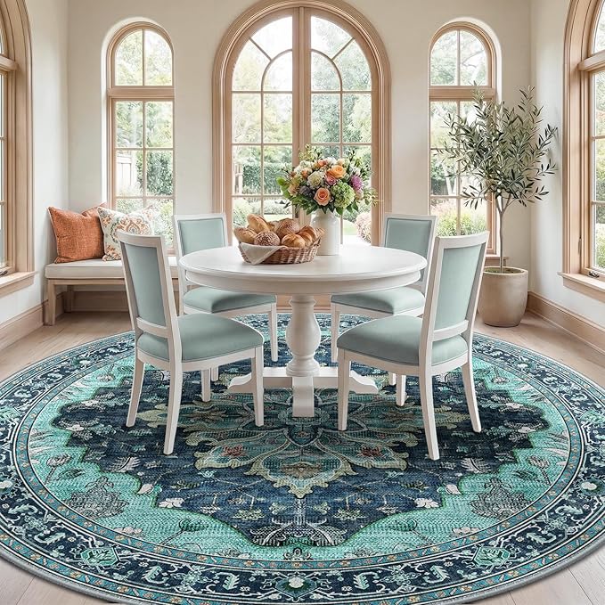 RELEANY Area Rugs Round 10ft Washable Non-Slip, Floral Vintage Distress Print - Image 3