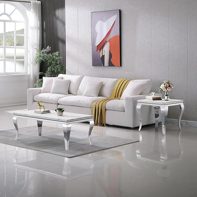 Henf Marble End Table Modern White Faux Marble Sofa Side Table - Image 5